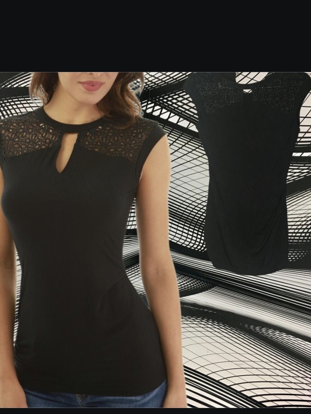 PattyBoutik Black Lace Yoke Keyhole Tank Top